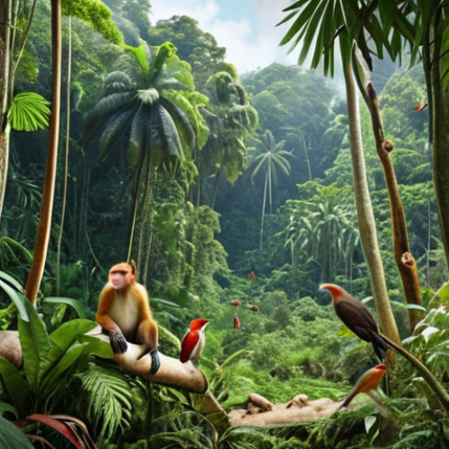 Lush Bruneian rainforest scene, showcasing diverse flora and fauna, including proboscis monkeys and vibrant birds.  Emphasis on the untouched beauty and dense greenery.