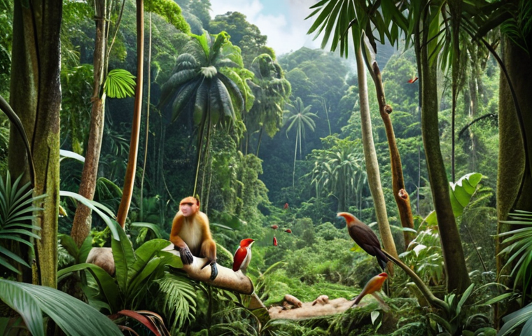 Lush Bruneian rainforest scene, showcasing diverse flora and fauna, including proboscis monkeys and vibrant birds. Emphasis on the untouched beauty and dense greenery.