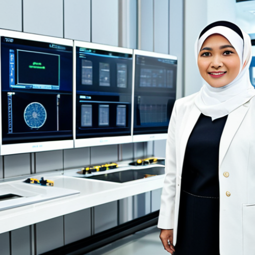 A professional Bruneian woman, fully clothed in a modest yet modern business suit with subtle traditional accents, stands confidently in a high-tech, clean laboratory environment. She is overseeing quality control for a halal-certified product. The background features sleek, state-of-the-art machinery and digital displays, symbolizing Brunei's ambition in the global halal industry and its investment in technology. The scene conveys innovation and precision. Perfect anatomy, correct proportions, natural pose, well-formed hands, proper finger count, natural body proportions, fully clothed, appropriate attire, professional dress, safe for work, appropriate content, professional photography, high quality, studio lighting, sharp focus.